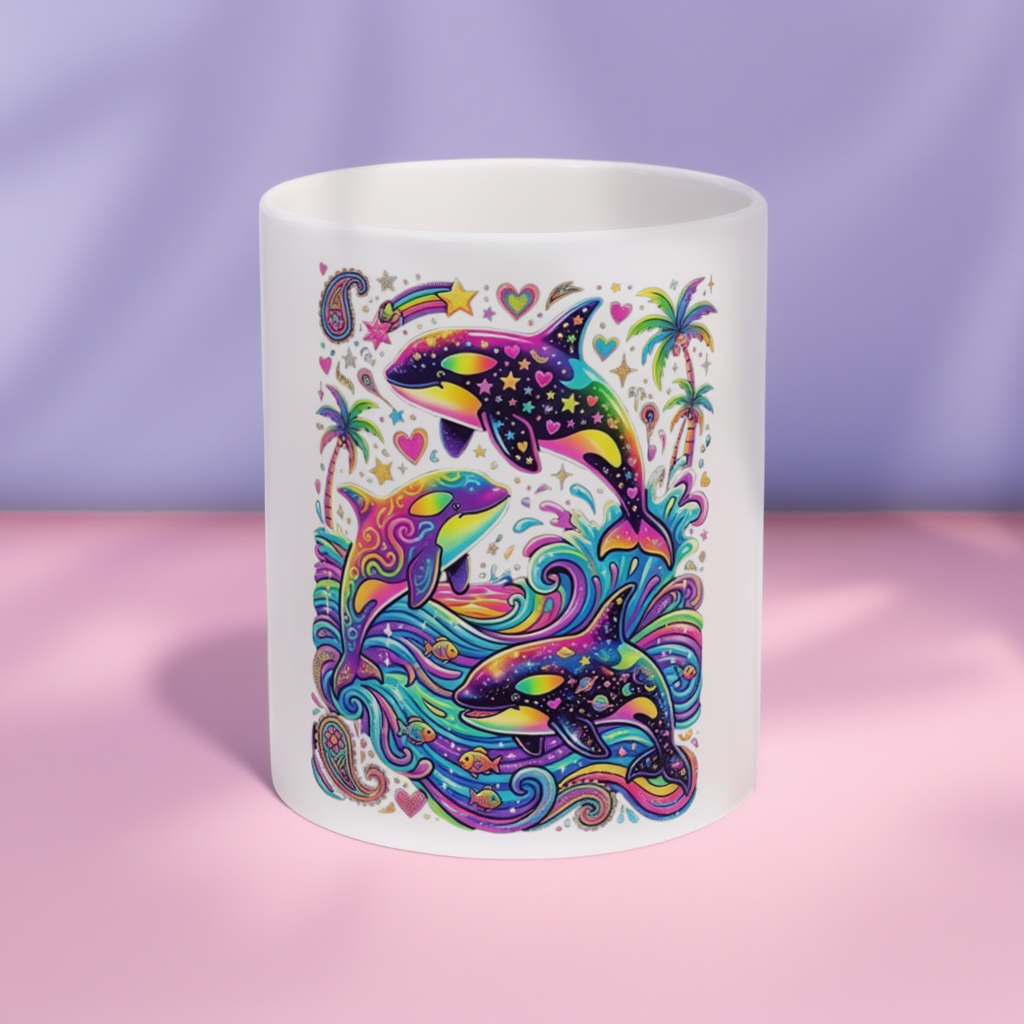 Vibrant Neon Dolphin & Orca Ceramic Mug, Colorful Y2K Retro Aesthetic Coffee Cup, Whimsical Ocean Art Tea Mug, Tropical Gift for Her