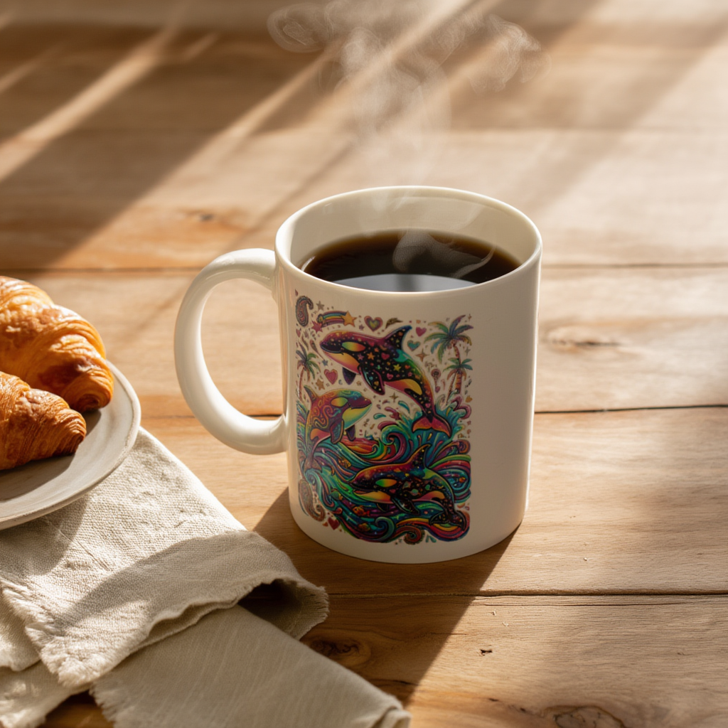 Vibrant Neon Dolphin & Orca Ceramic Mug, Colorful Y2K Retro Aesthetic Coffee Cup, Whimsical Ocean Art Tea Mug, Tropical Gift for Her