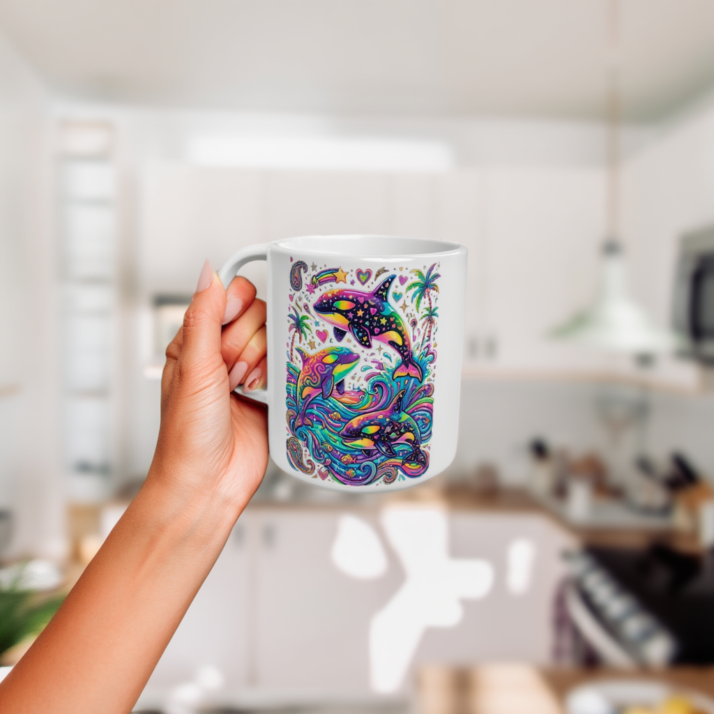 Vibrant Neon Dolphin & Orca Ceramic Mug, Colorful Y2K Retro Aesthetic Coffee Cup, Whimsical Ocean Art Tea Mug, Tropical Gift for Her