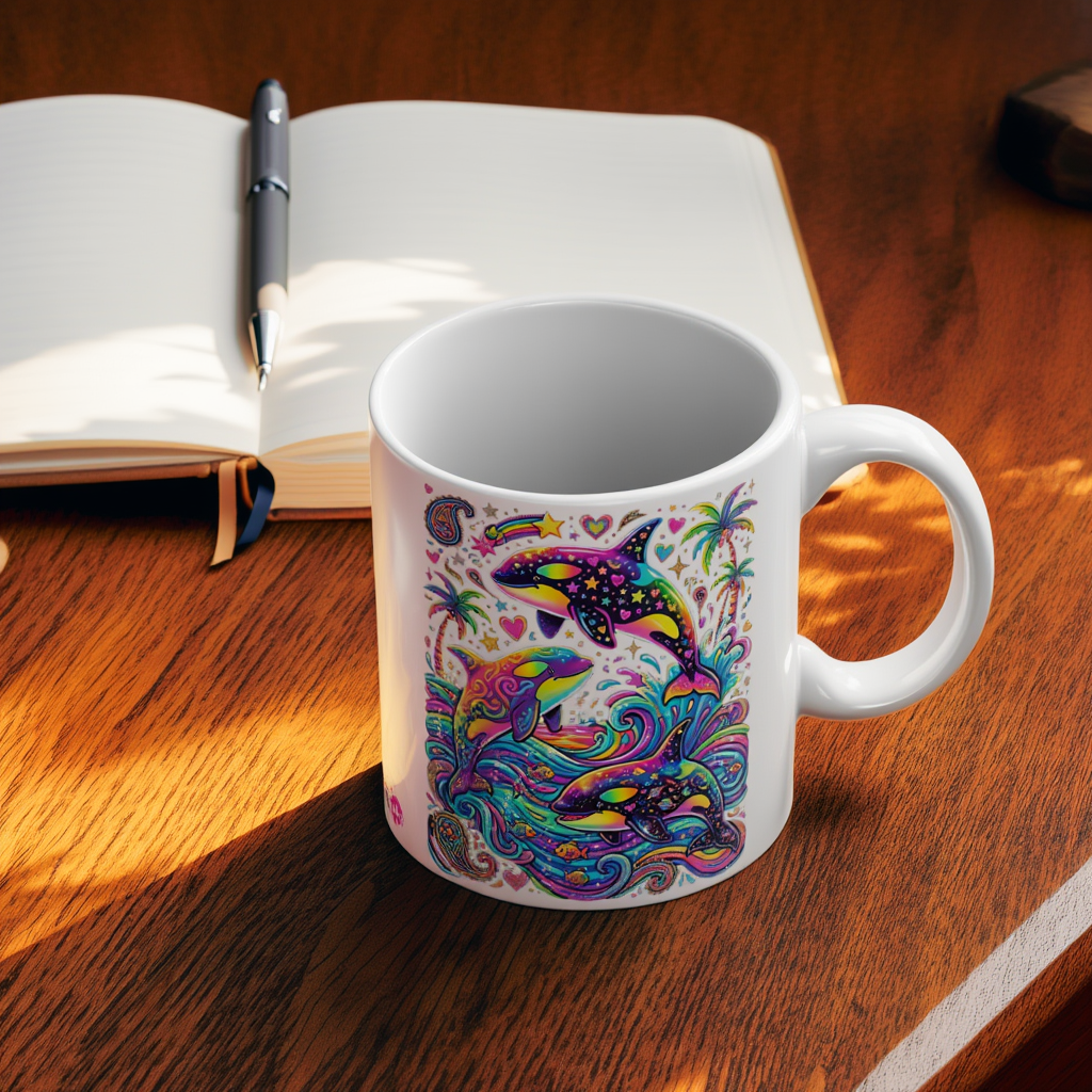 Vibrant Neon Dolphin & Orca Ceramic Mug, Colorful Y2K Retro Aesthetic Coffee Cup, Whimsical Ocean Art Tea Mug, Tropical Gift for Her