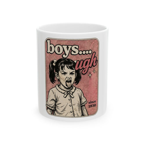 Boys Ugh Vintage Comic Style Ceramic Mug, Funny Retro Sarcastic Coffee Cup, Humorous Gift for BFF or Sister
